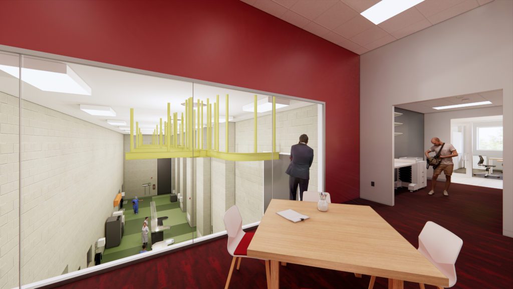Rendering of Iowa State University VDL Collaboration Space Looking Onto Necropsy Suite